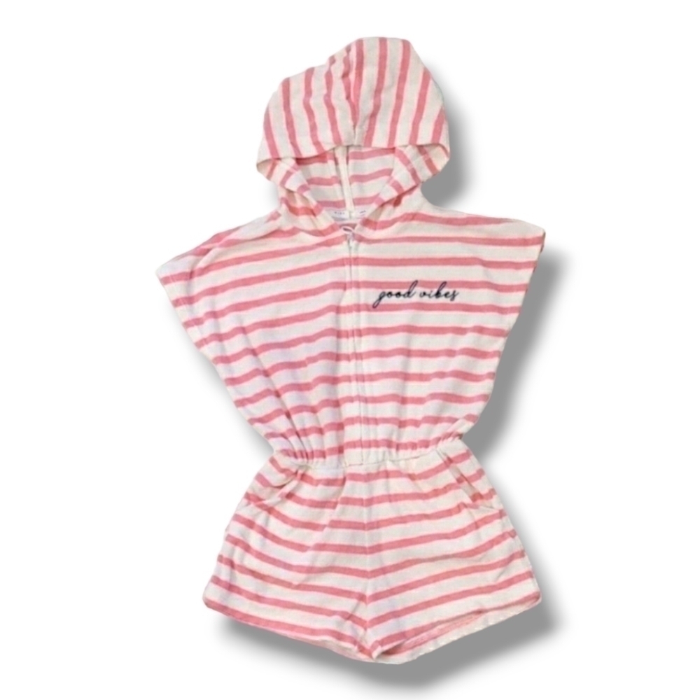 Gap Kids Hooded Terrycloth Pink And White Striped Romper/Swimsuit Cover - XS